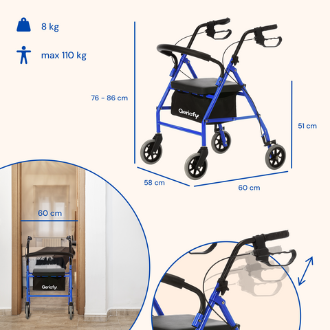 Andador para personas mayores | 4 ruedas | Frenos en el manillar | Plegable | Azul
