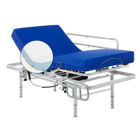 Cama hospitalaria con patas ajustables, colchón sanitario y barandillas de cama