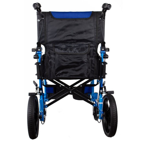 Silla de ruedas plegable de aluminio con frenos en los manillas, color azul