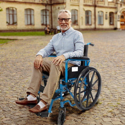 Silla de ruedas plegable con ruedas grandes extraíbles, color azul