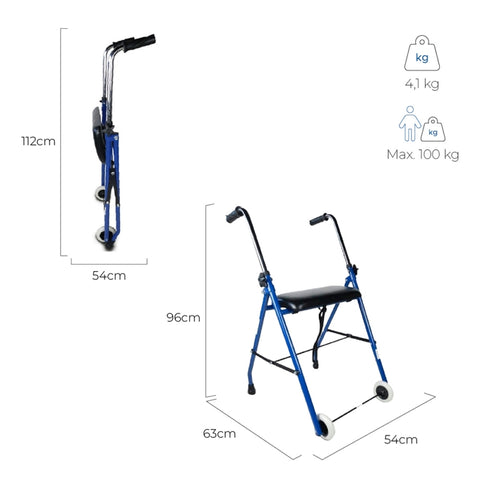 Andador plegable de 2 ruedas y asiento color azul