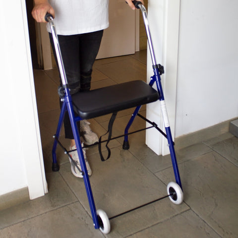 Andador plegable de 2 ruedas y asiento color azul