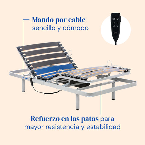 Cama articulada con mando por cable, patas fijas reforzadas para aportar mayor estabilidad y resistencia