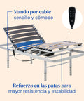 Cama articulada con patas regulables, mando por cable sencillo y cómodo. Refuerzo en las patas para mayor resistencia y estabilidad