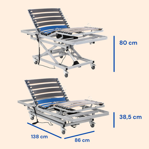 Cama hospitalaria regulable en altura con colchón de espuma viscoelástica y barandillas - 90x200 cm