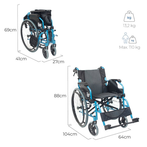 Silla de ruedas plegable con respaldo partido y reposabrazos abatible color azul