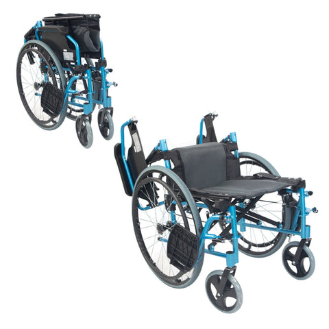 Silla de ruedas plegable con respaldo partido y reposabrazos abatible color azul